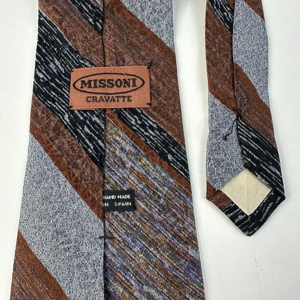 Missoni Cravatte Mens Wide Striped Silk Tie Multicolored Brown 56 x4 VTG 70's
